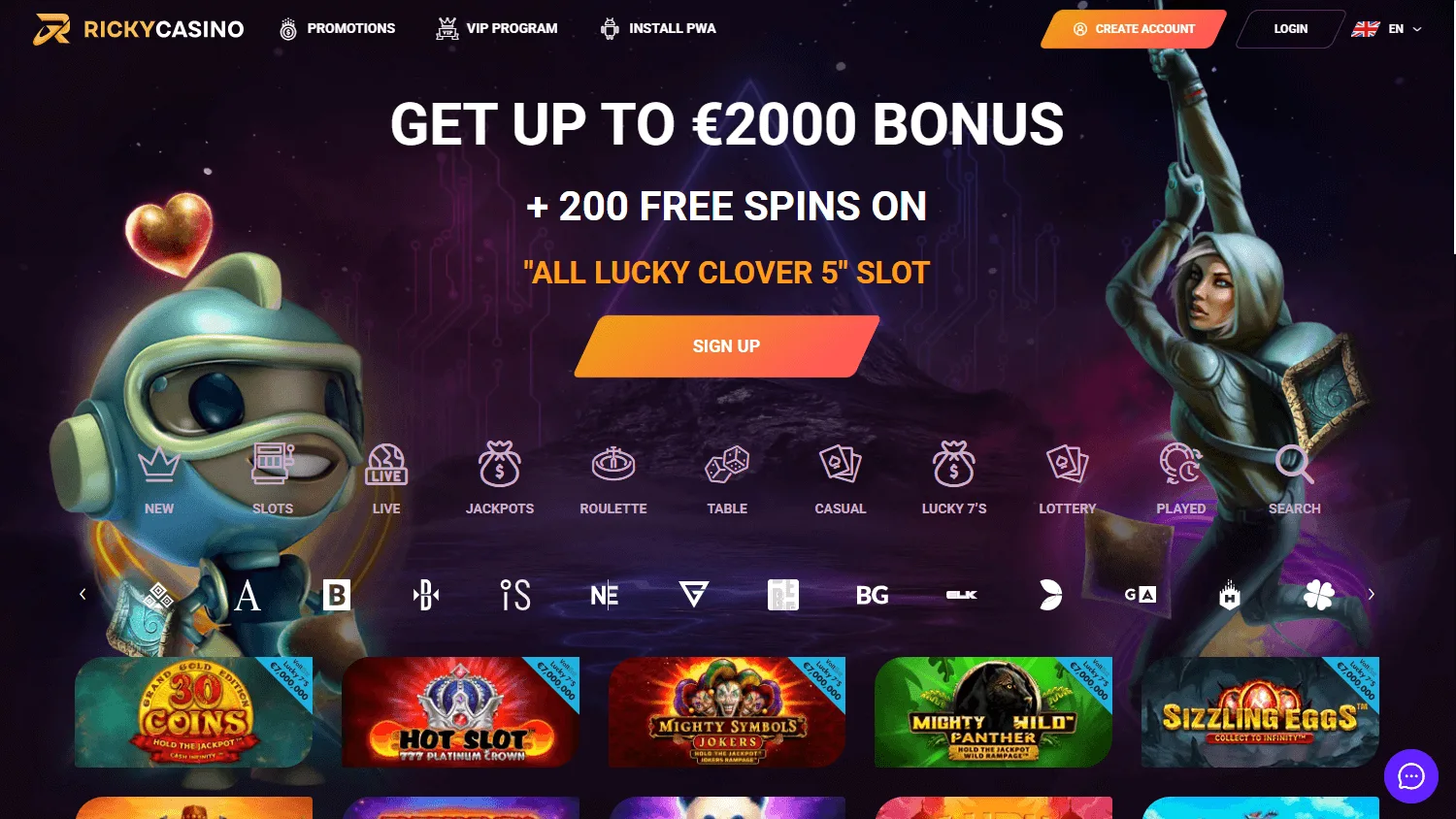 Rickycasino home interface on a desktop screen