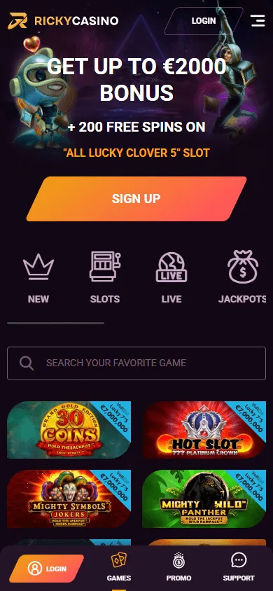 Rickycasino home interface on a mobile phone
