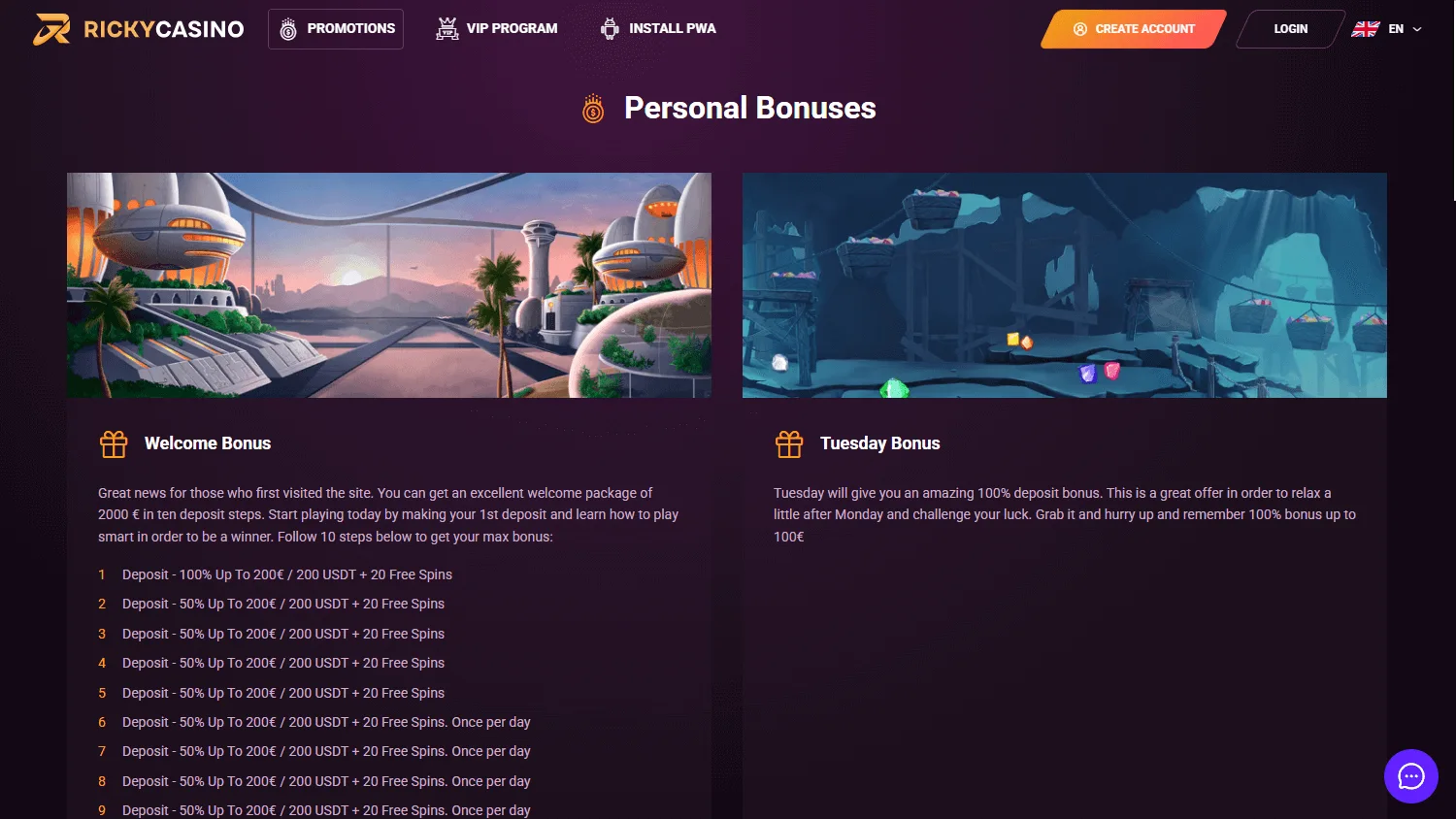 Rickycasino promotions interface on a desktop screen
