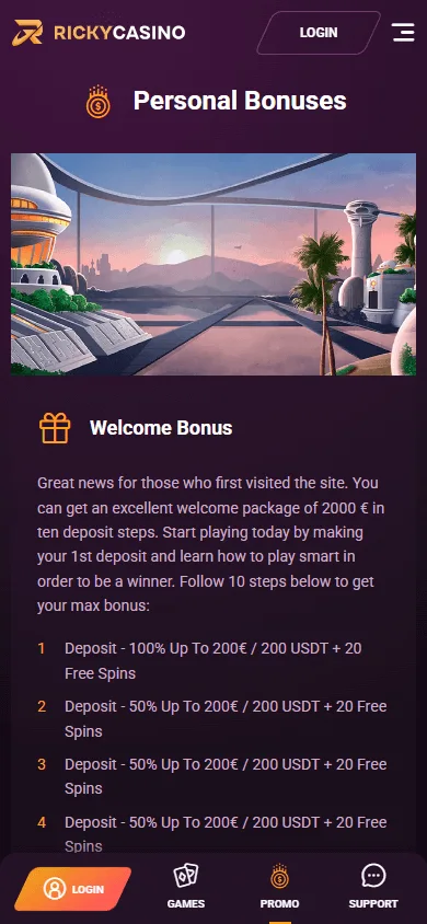 Rickycasino promotions interface on a mobile phone